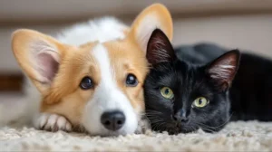 Um filhote de Corgi e um gato preto deitados bem juntinhos no chão.