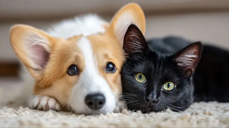 Um filhote de Corgi e um gato preto deitados bem juntinhos no chão.