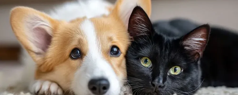 Um filhote de Corgi e um gato preto deitados bem juntinhos no chão.